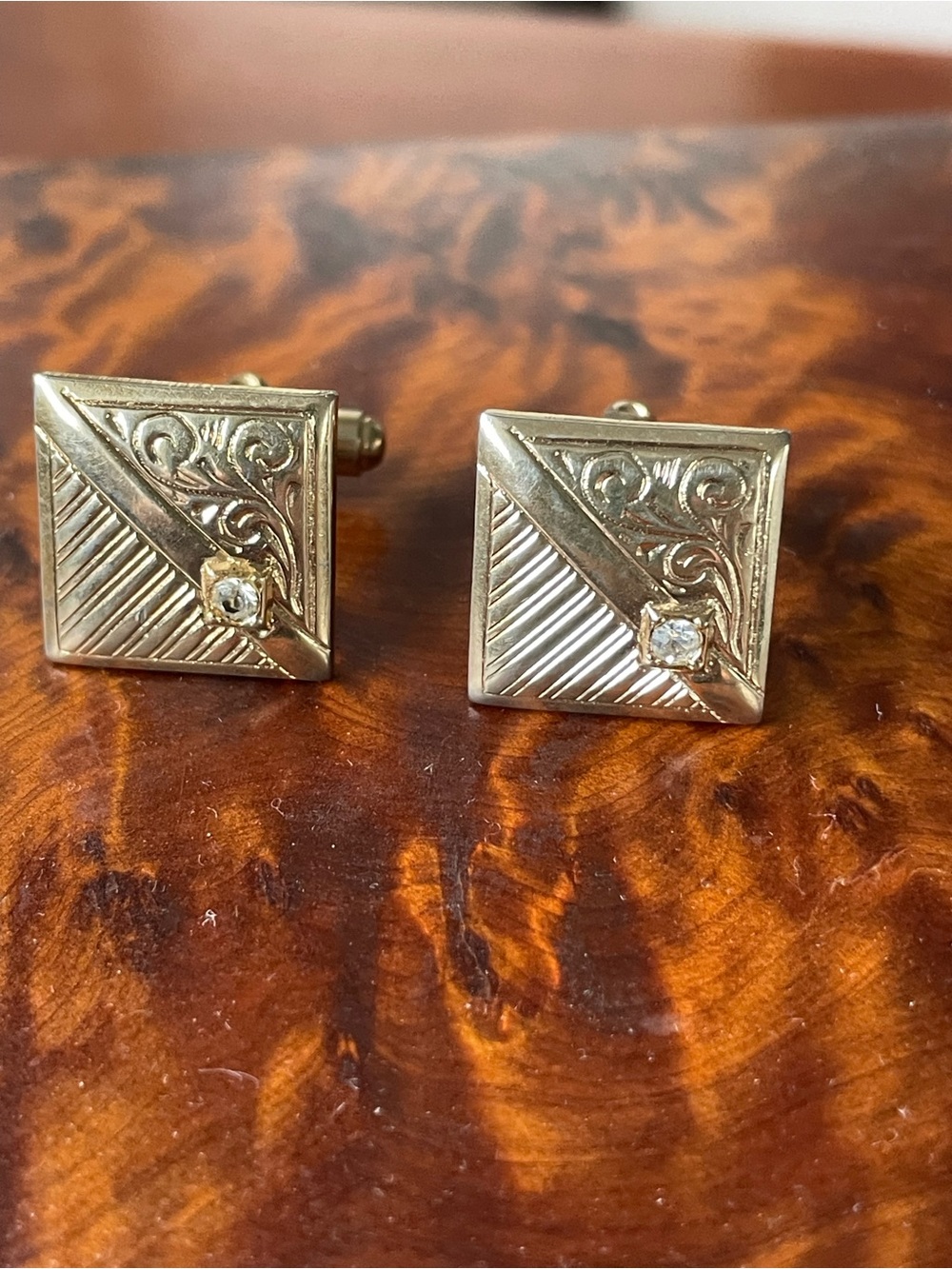 Mid Century Gold-Tone Square Engraved Classic Cufflinks with Rhinestone accent